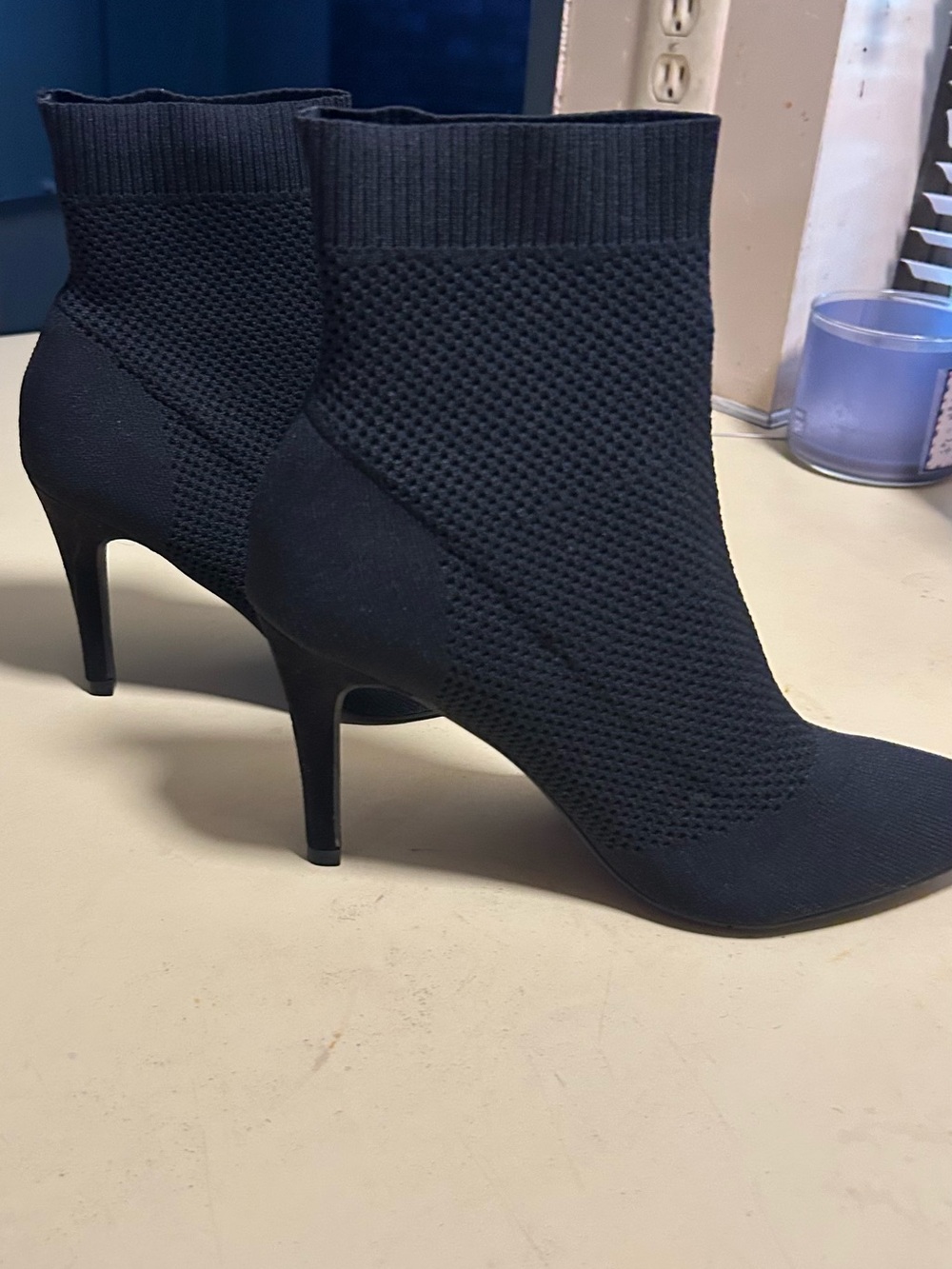 Black Stretch-Knit Stiletto Ankle Boots